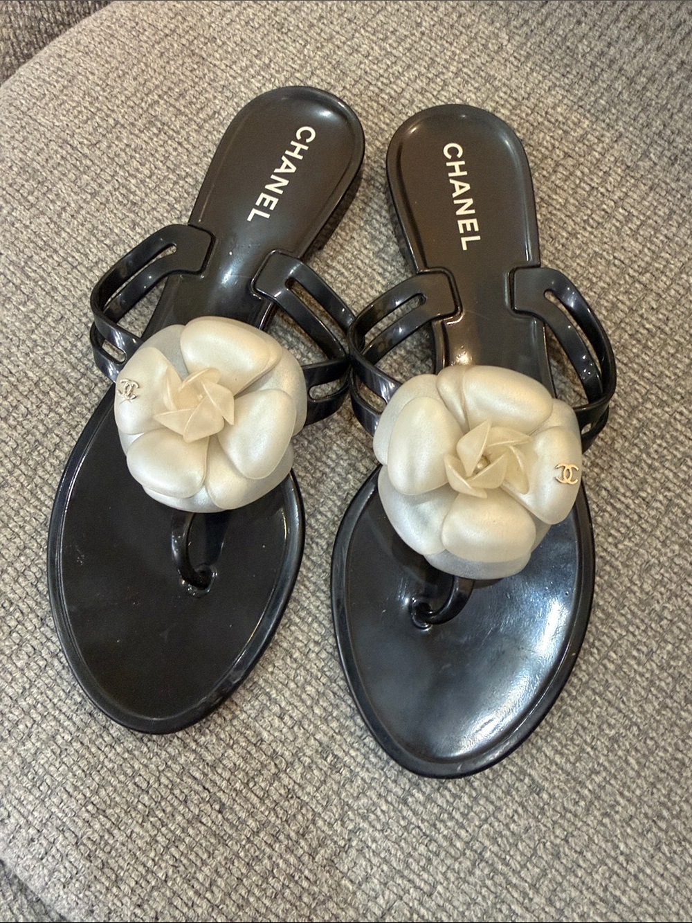 CHANEL Black Jelly Sandals with Cream Camellia